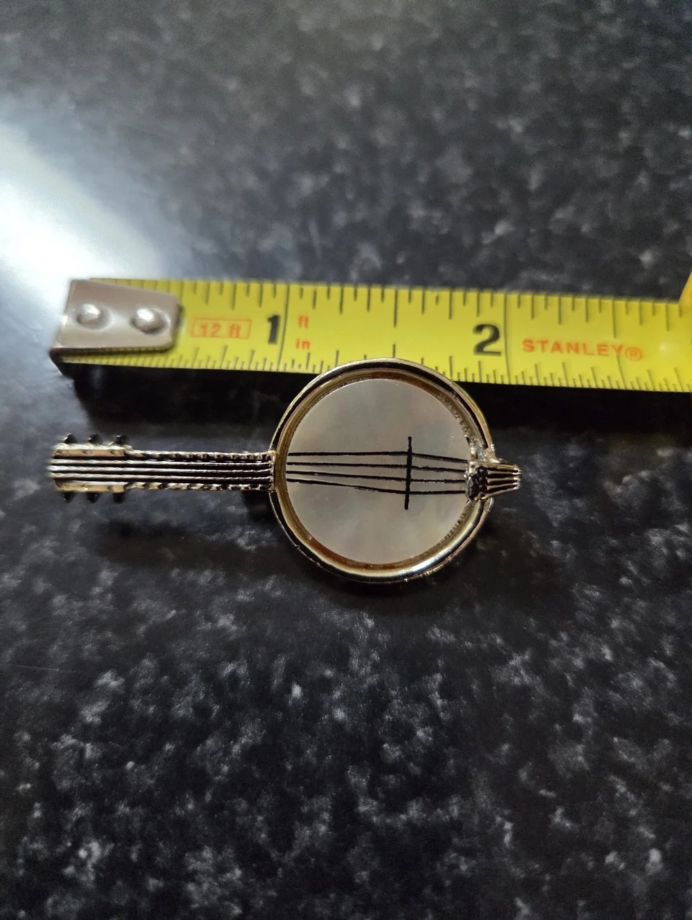 Vintage Banjo Brooch Gold Tone Mother of Pearl Music Pin